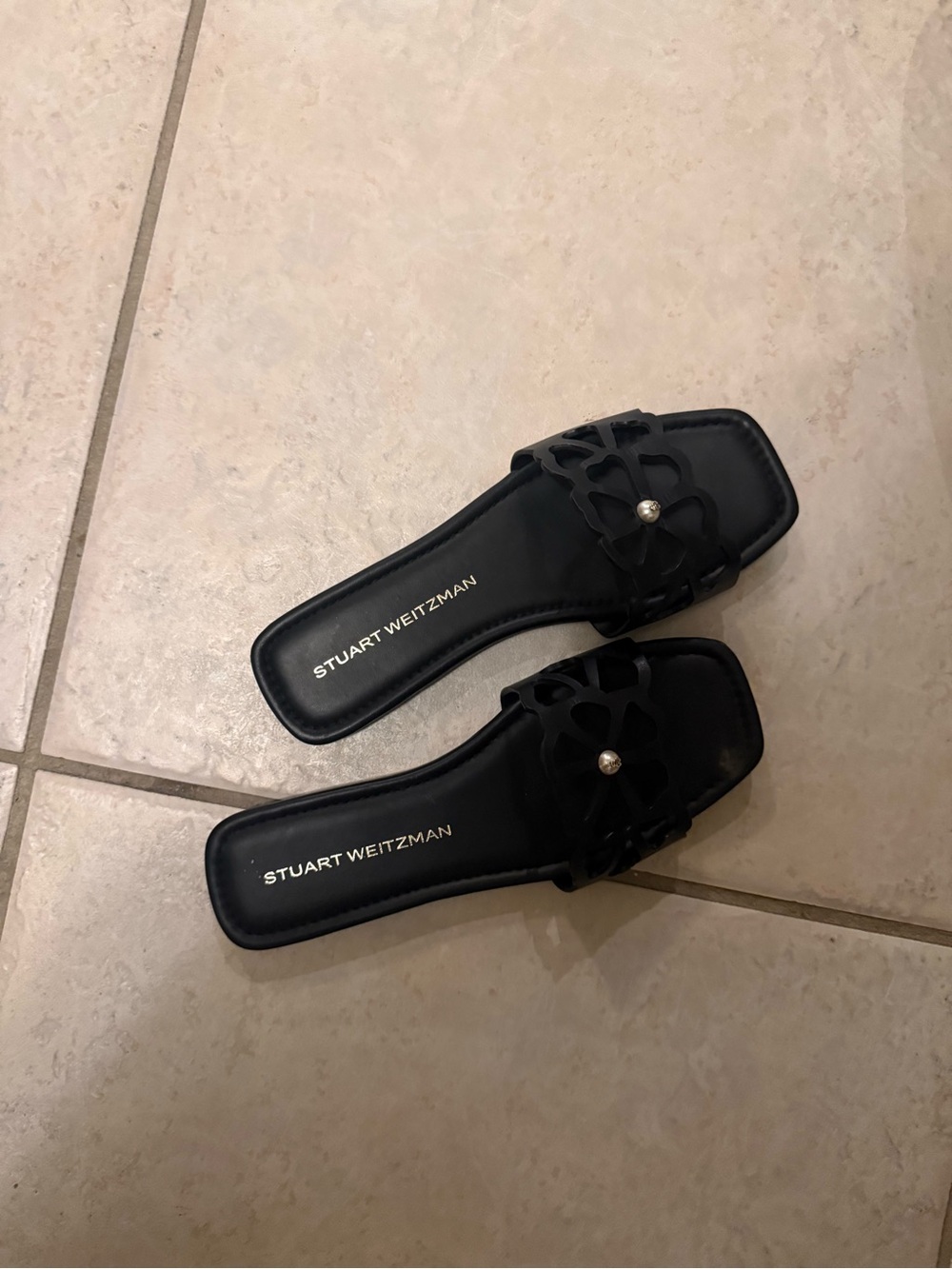 Stuart Weitzman Black Decorative Cutout Slide Sandals